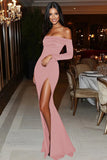 Burgundy Off The Shoulder Satin Gala Dress With Slit