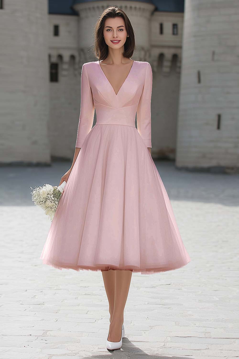 Berylove Women Ivory A-Line Engagement Dress Satin V-Neck Midi Bridal Shower Dress With 3/4 Sleeves, Dusty Rose / US8 Berylove Women Ivory A-Line Engagement Dress Satin V-Neck Midi Bridal Shower Dress With 3/4 Sleeves, Dusty Rose / US8
