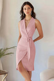 Blue Sheath Midi Work Dress with Sash