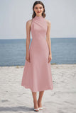 Simple Halter A Line Midi Ivory Graduation Dress