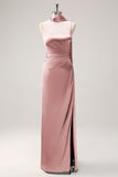 Sage Sheath Spaghetti Straps Slit Bridesmaid Dress with Ribbon