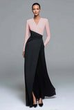 Black and White V-Neck Formal Dress with Long Sleeves