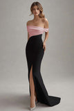 Elegant Off the Shoulder Black White Formal Dress with Slit