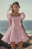 White Puff Sleeve A Line Satin Graduation Dress