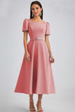 A Line Sky Blue Square Neck Midi Dress with Belt