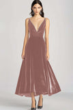 Velvet Beaded V Neck Tea-Length Burgundy Formal Dress
