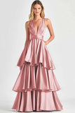 Tiered V Neck Fuchsia A Line Formal Dress