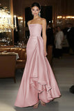 Pink Satin Sheath Strapless Gala Dress with Waist Sash