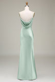 Dusty Blue Sheath Cowl Neck Satin Maxi Dress with Slit