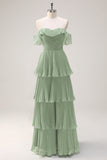 Eucalyptus Tiered A Line Pleated Off the Shoulder Bridesmaid Dress