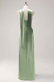Sage Sheath Spaghetti Straps Slit Bridesmaid Dress with Ribbon