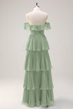 Eucalyptus Tiered A Line Pleated Off the Shoulder Bridesmaid Dress