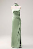 Sage Sheath Spaghetti Straps Slit Bridesmaid Dress with Ribbon