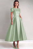 Fuchsia A Line Puff Sleeves Mother of the Bride Dress