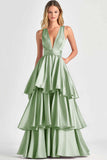 Tiered V Neck Fuchsia A Line Formal Dress