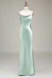 Dusty Blue Sheath Cowl Neck Satin Maxi Dress with Slit