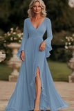 Dark Grey Wrap Long Sleeve Ruffled Chiffon Long Mother of the Bride Dress
