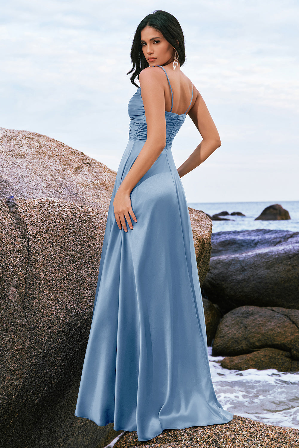 Berylove Women Ink Blue A Line Satin Bridesmaid Dress Keyhole Pleated Maxi Wedding Guest Dress Berylove Women Ink Blue A Line Satin Bridesmaid Dress Keyhole Pleated Maxi Wedding Guest Dress