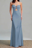 Pink Satin Strapless Cut Out Sheath Formal Dress