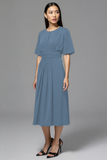 Navy A Line Round Neck Midi Work Dress