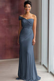 Light Khaki One Shoulder Sheath Pleated Satin Gala Dress