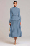 Light Pink Pleated A-Line Single Breasted 2 Piece Work Dress With Belt