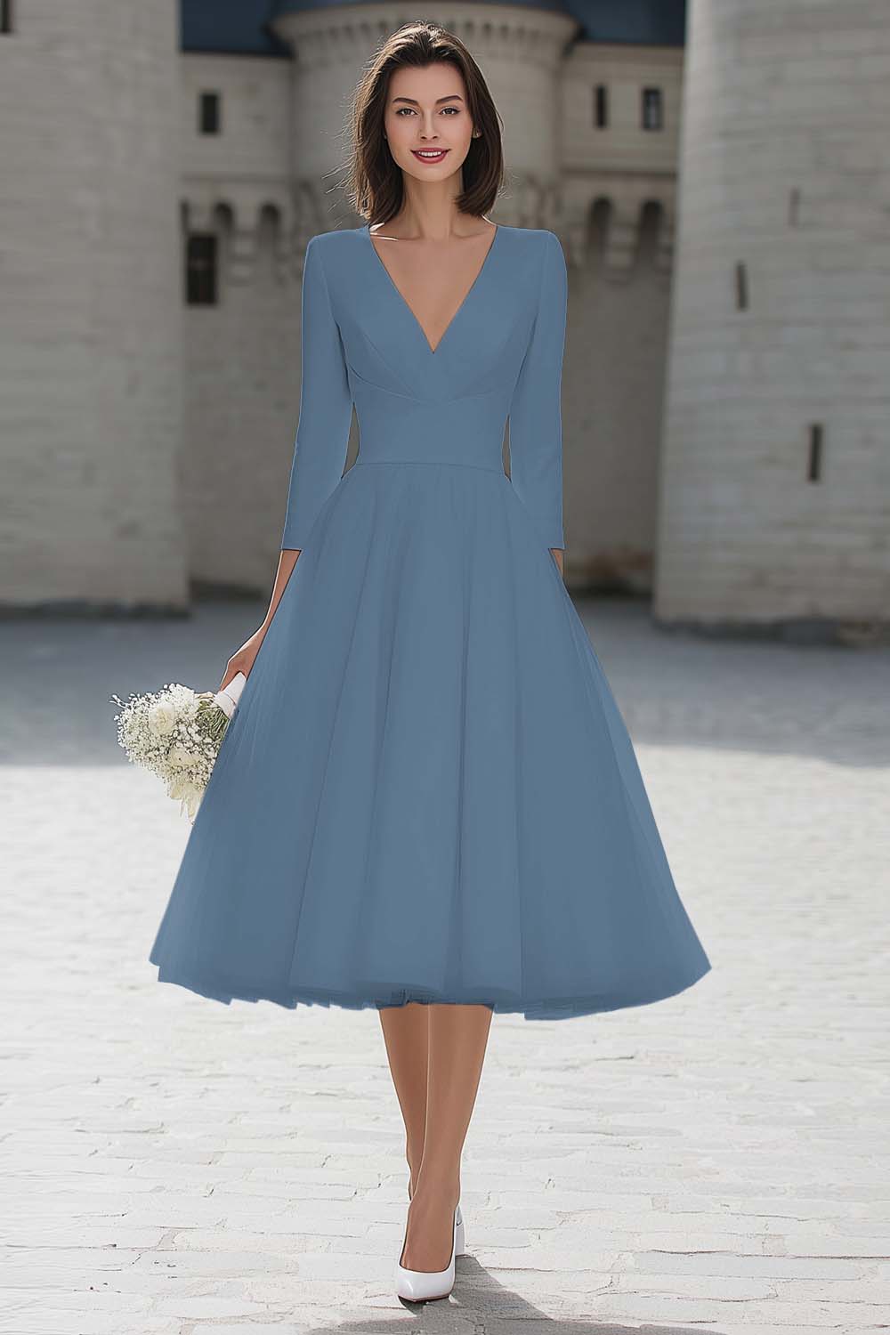 Berylove Women Ivory A-Line Engagement Dress Satin V-Neck Midi Bridal Shower Dress With 3/4 Sleeves, Dusty Blue / US20W Berylove Women Ivory A-Line Engagement Dress Satin V-Neck Midi Bridal Shower Dress With 3/4 Sleeves, Dusty Blue / US20W