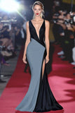 Mermaid Black&White Deep V Neck Long Gala Dress