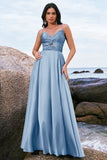 Ink Blue A Line Keyhole Pleated Satin Maxi Dress