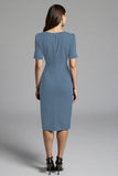 Ruched Navy Short Sleeve V-Neck Midi Dress