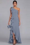 One Shoulder Black Mermaid Bowed Formal Dress with Ruffles