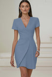Pencil V-Neck Ivory Work Dress With Pleats