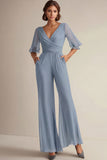 V Neck Navy Mother of the Bride Jumpsuit with Short Sleeves