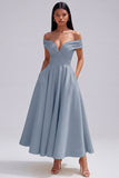 Off the Shoulder Ruched Satin Yellow A Line Maxi Dress