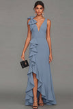 Black Bowed V Neck Maxi Formal Dress with Ruffles