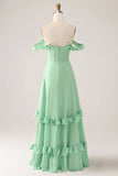 Green A Line Off The Shoulder Corset Maxi Dress With Ruffles