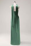 Sage Sheath Spaghetti Straps Slit Bridesmaid Dress with Ribbon