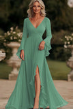 Dark Grey Wrap Long Sleeve Ruffled Chiffon Long Mother of the Bride Dress