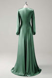 Eucalyptus Satin Round Neck Modest Bridesmaid Dress with Long Sleeves