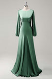 Eucalyptus Satin Round Neck Modest Bridesmaid Dress with Long Sleeves