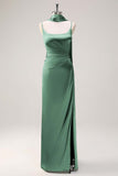 Sage Sheath Spaghetti Straps Slit Bridesmaid Dress with Ribbon