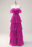 Eucalyptus Tiered A Line Pleated Off the Shoulder Bridesmaid Dress