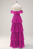 Eucalyptus Tiered A Line Pleated Off the Shoulder Bridesmaid Dress