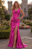 Cowl Neck Mermaid Burgundy Satin Prom Dress with Slit