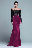 Black and Burgundy Off The Shoulder Mermaid Velvet Formal Dress With Slit