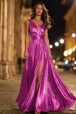 Gold A-Line V-Neck Pleated Formal Dress With Slit