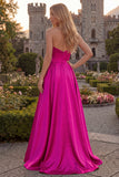Strapless A Line Satin Fuchsia Maxi Prom Dress