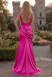 Cowl Neck Mermaid Burgundy Satin Prom Dress with Slit