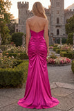 Strapless Burgundy Mermaid Satin Ruched Maxi Prom Dress
