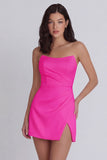 Strapless Ruched Bodycon Mini White Dress with Slit